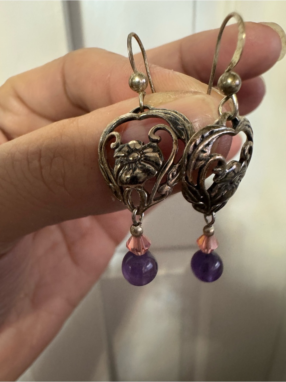 Source Unknown Silver Heart Earrings with Purple and Pink Beads